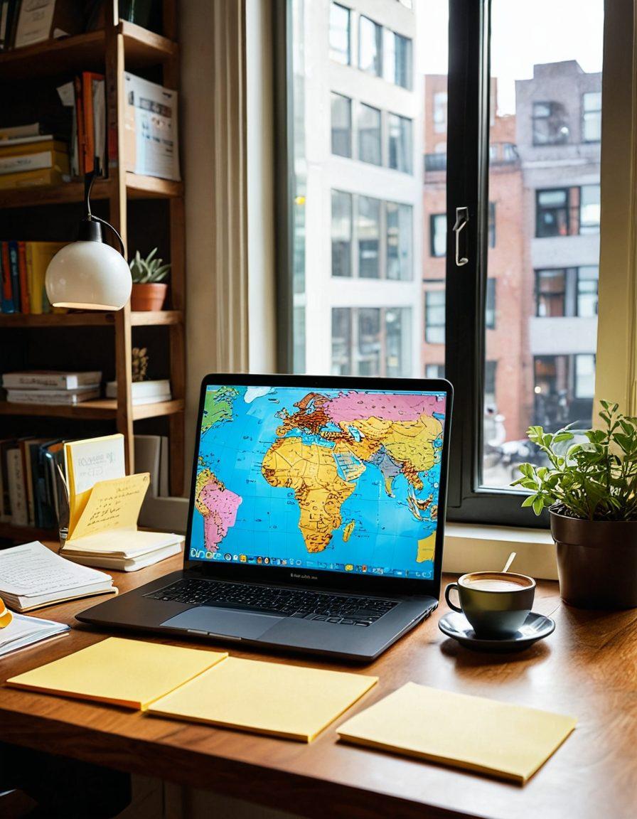 A modern workspace with a laptop displaying a vibrant digital journal interface, surrounded by stacked books and colorful articles. A warm cup of coffee rests beside it, while an open window lets in light, casting interesting shadows. Incorporate elements like a globe and post-it notes for a global reach and organization. super-realistic. vibrant colors. cozy atmosphere.