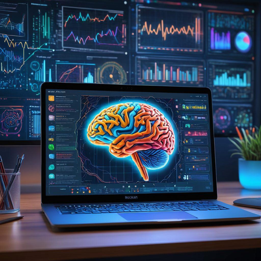 A digital workspace filled with open articles, analytical charts, and colorful graphs, showcasing a laptop with a brain symbolizing exploration. The background includes elements of technology like circuit patterns and abstract shapes representing data flow. Bright, engaging colors to attract curiosity and inspire creativity. super-realistic. vibrant colors. 3D.